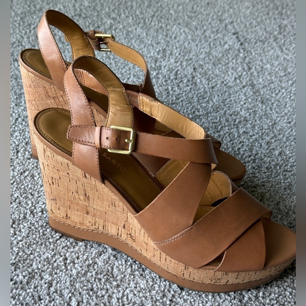 Franco Sarto cork wedge sandal size 11. Cognac, leather upper.